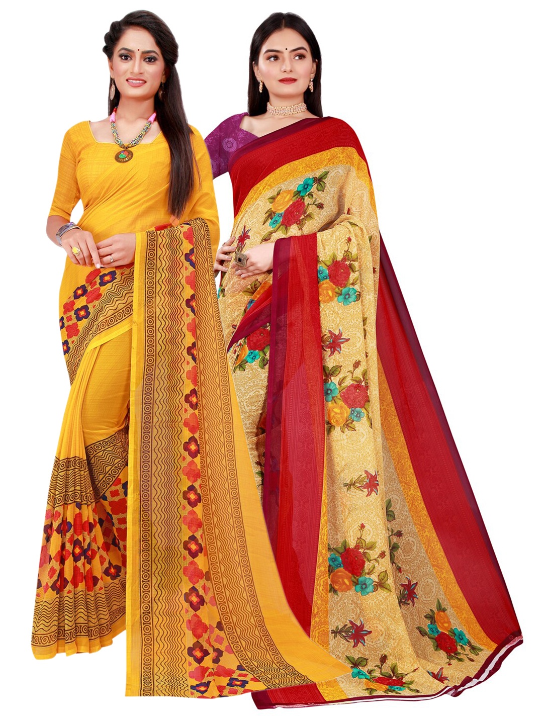 

SAADHVI Pack Of 2 Pure Georgette Sarees, Beige