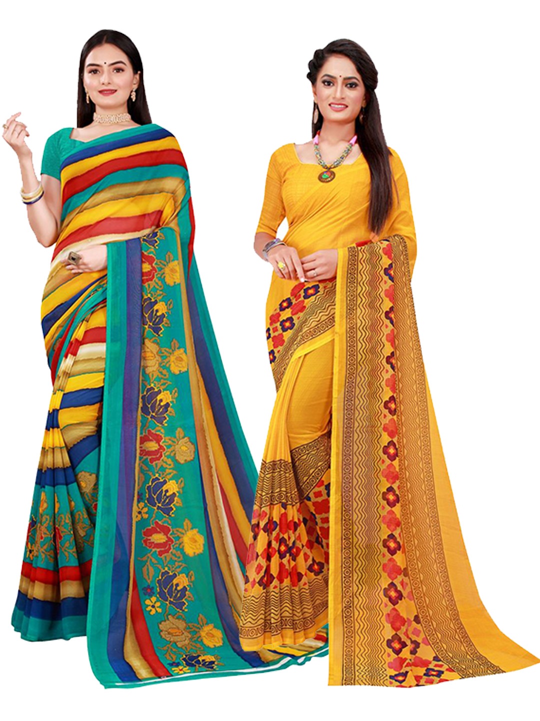 

SAADHVI Yellow & Red Set Of 2 Pure Georgette Saree