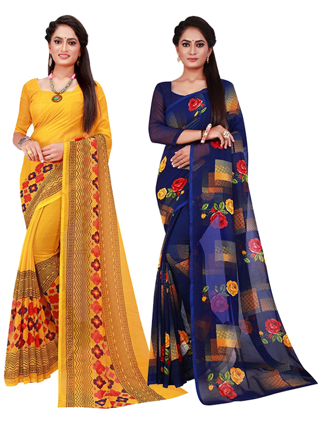 

SAADHVI Yellow & Navy Blue Set Of 2 Pure Georgette Saree