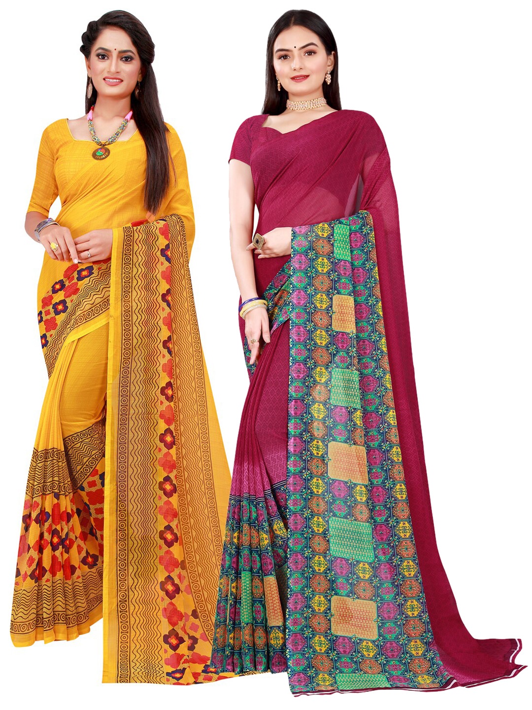 

SAADHVI Pack Of 2 Pure Georgette Sarees, Yellow