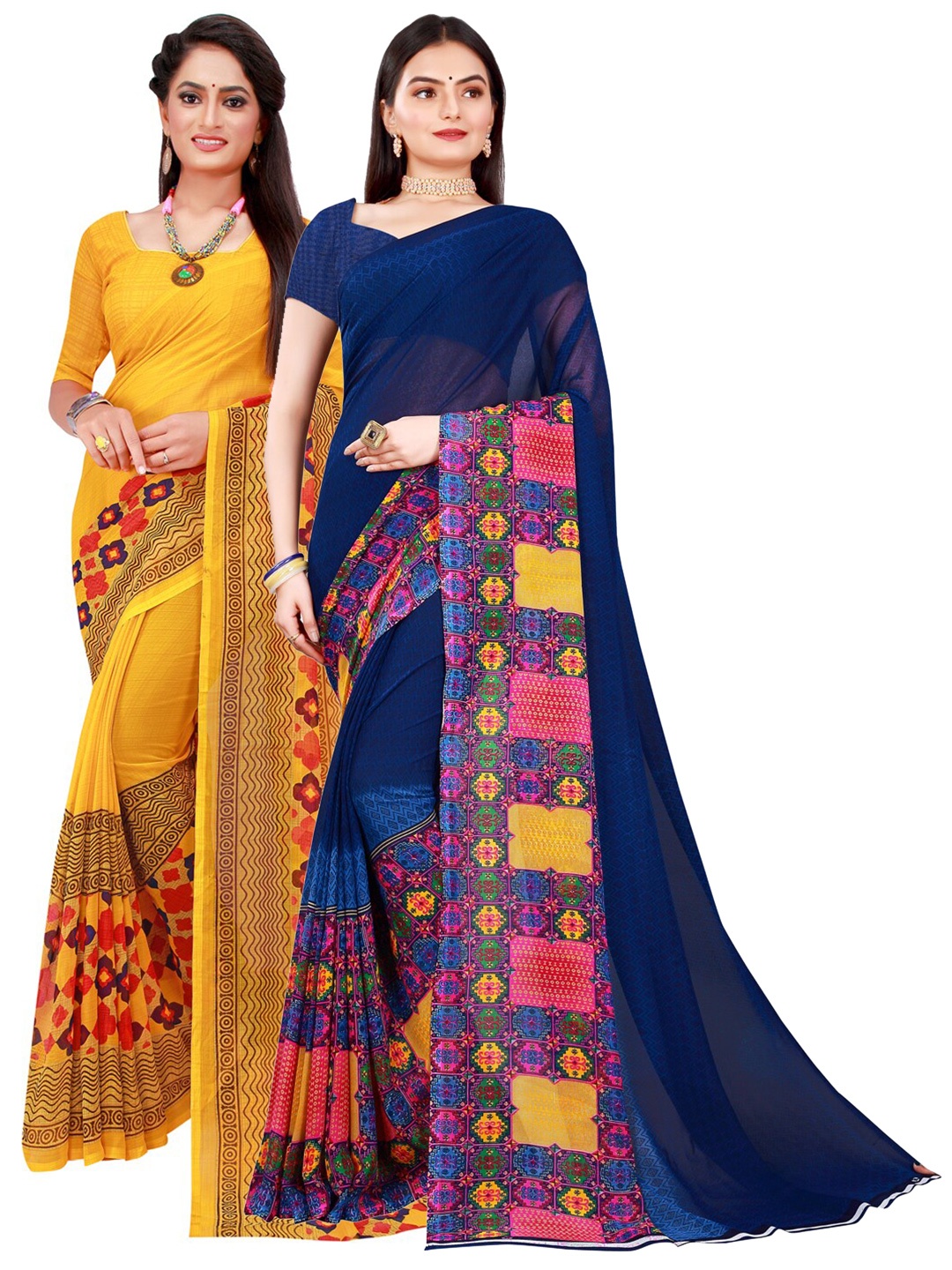 

SAADHVI Yellow & Navy Blue Set Of 2 Pure Georgette Saree