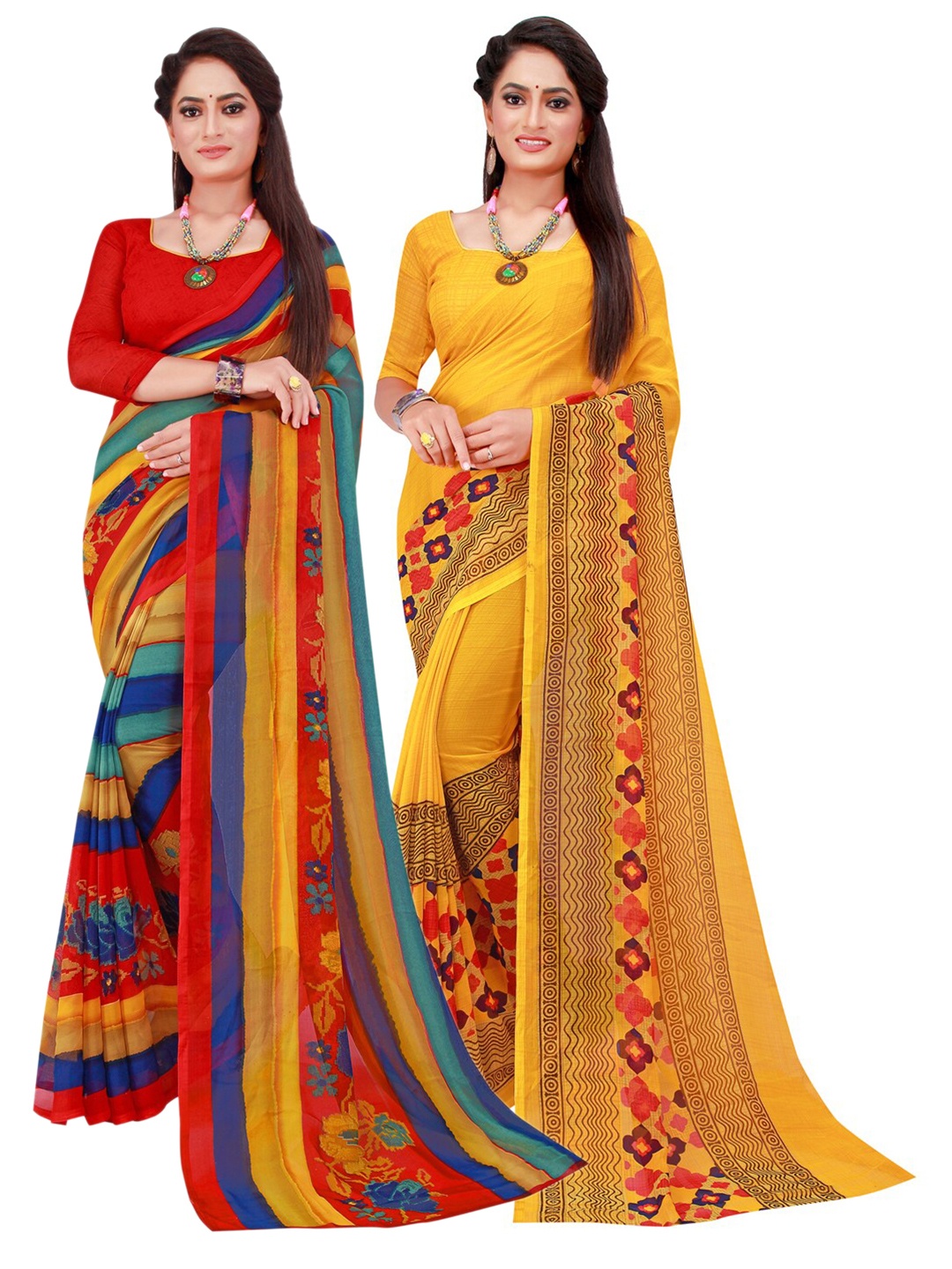 

SAADHVI Yellow & Blue Set Of 2 Pure Georgette Saree