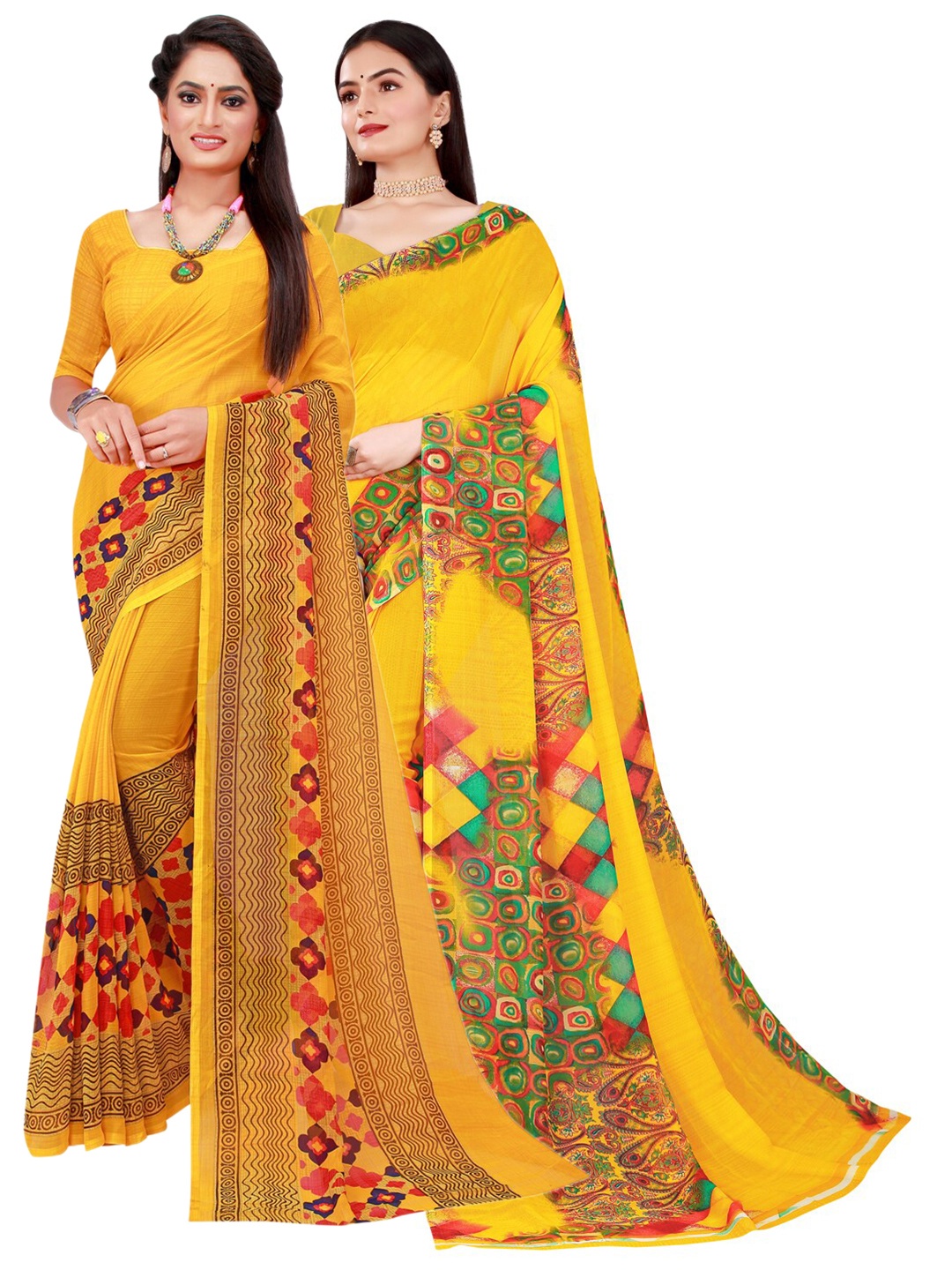 

SAADHVI Yellow & Red Set Of 2 Pure Georgette Saree