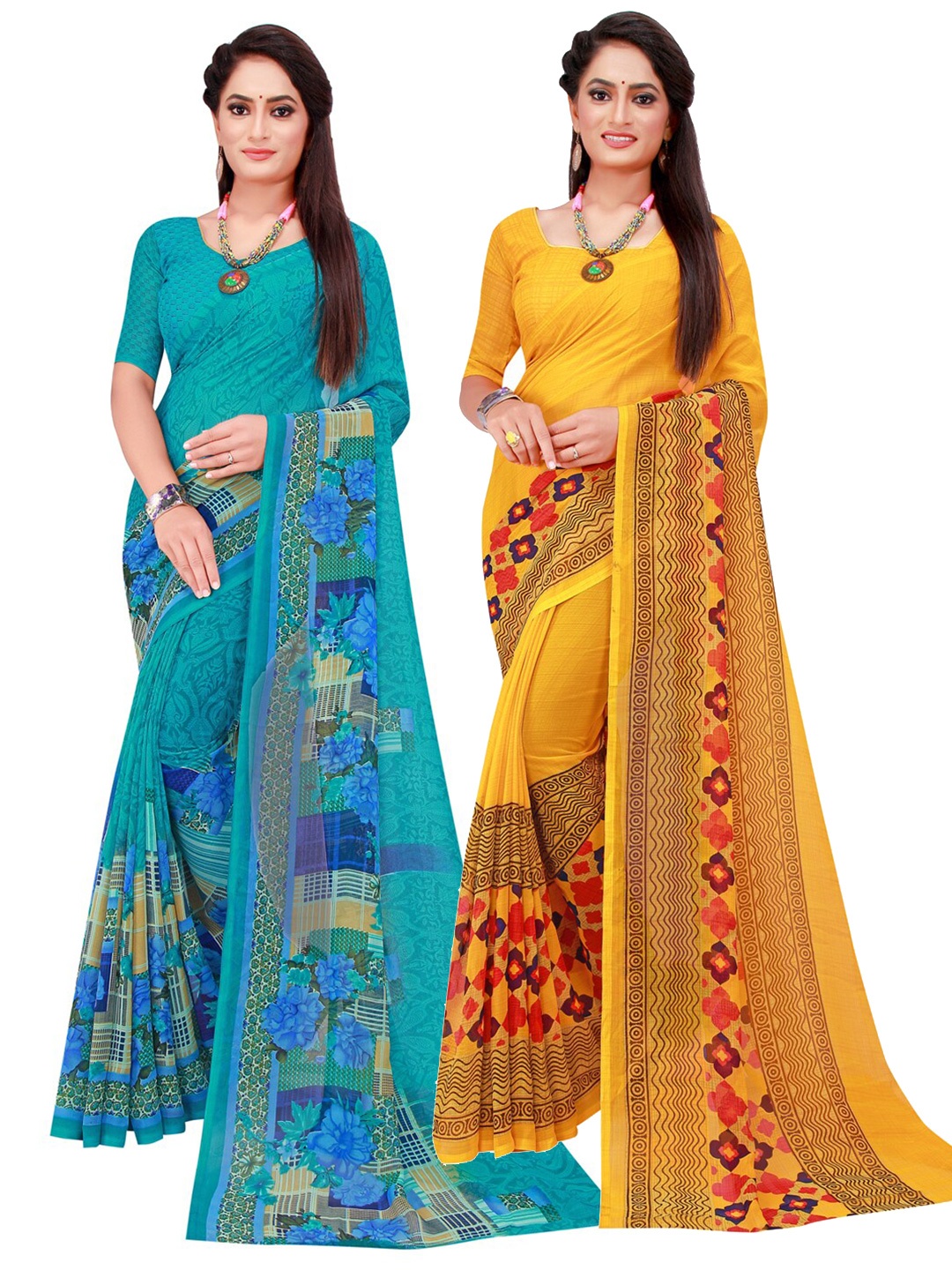 

SAADHVI Pack Of 2 Pure Georgette Sarees, Turquoise blue