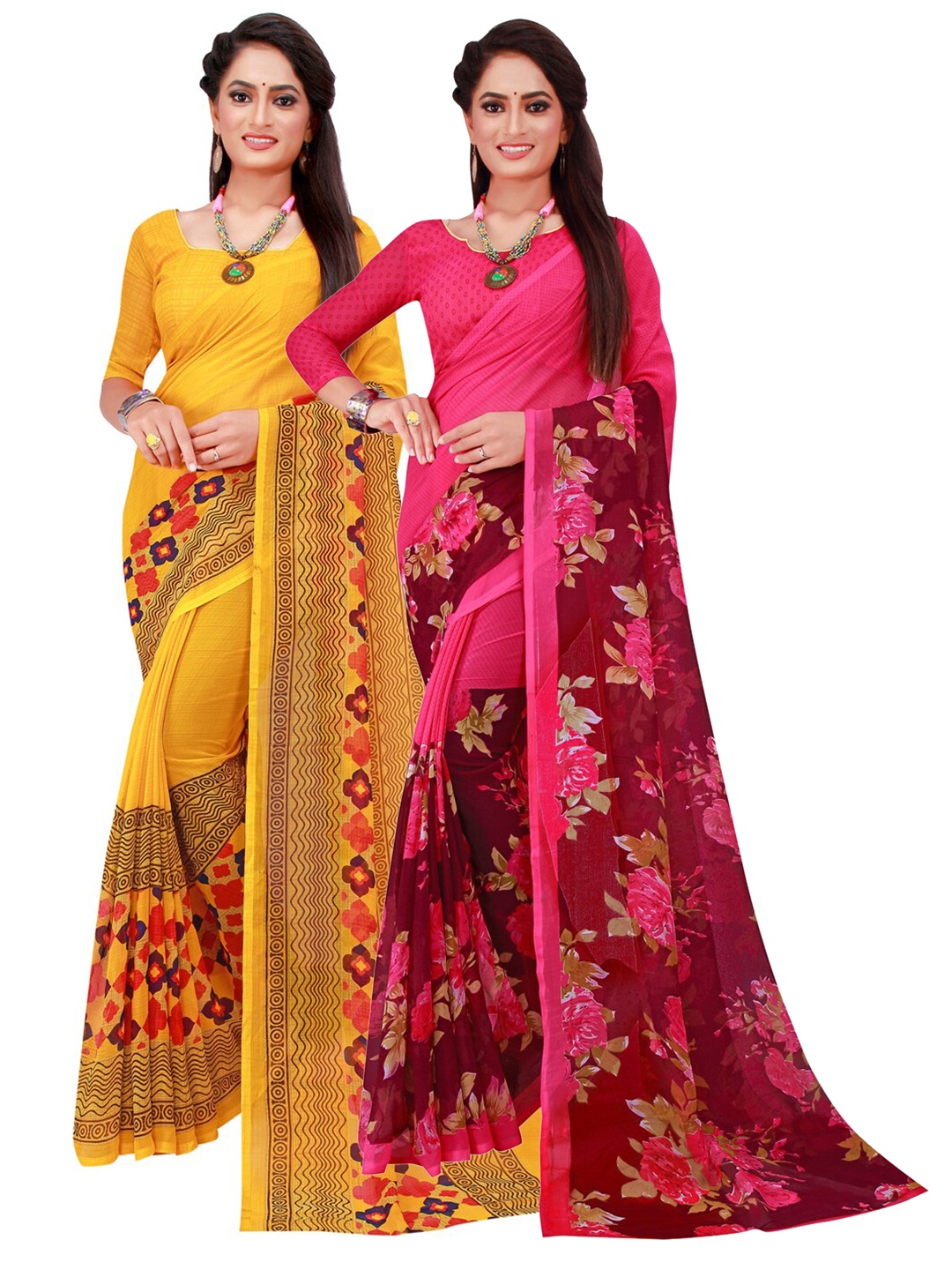 

SAADHVI Yellow & Magenta Set Of 2 Floral Pure Georgette Saree