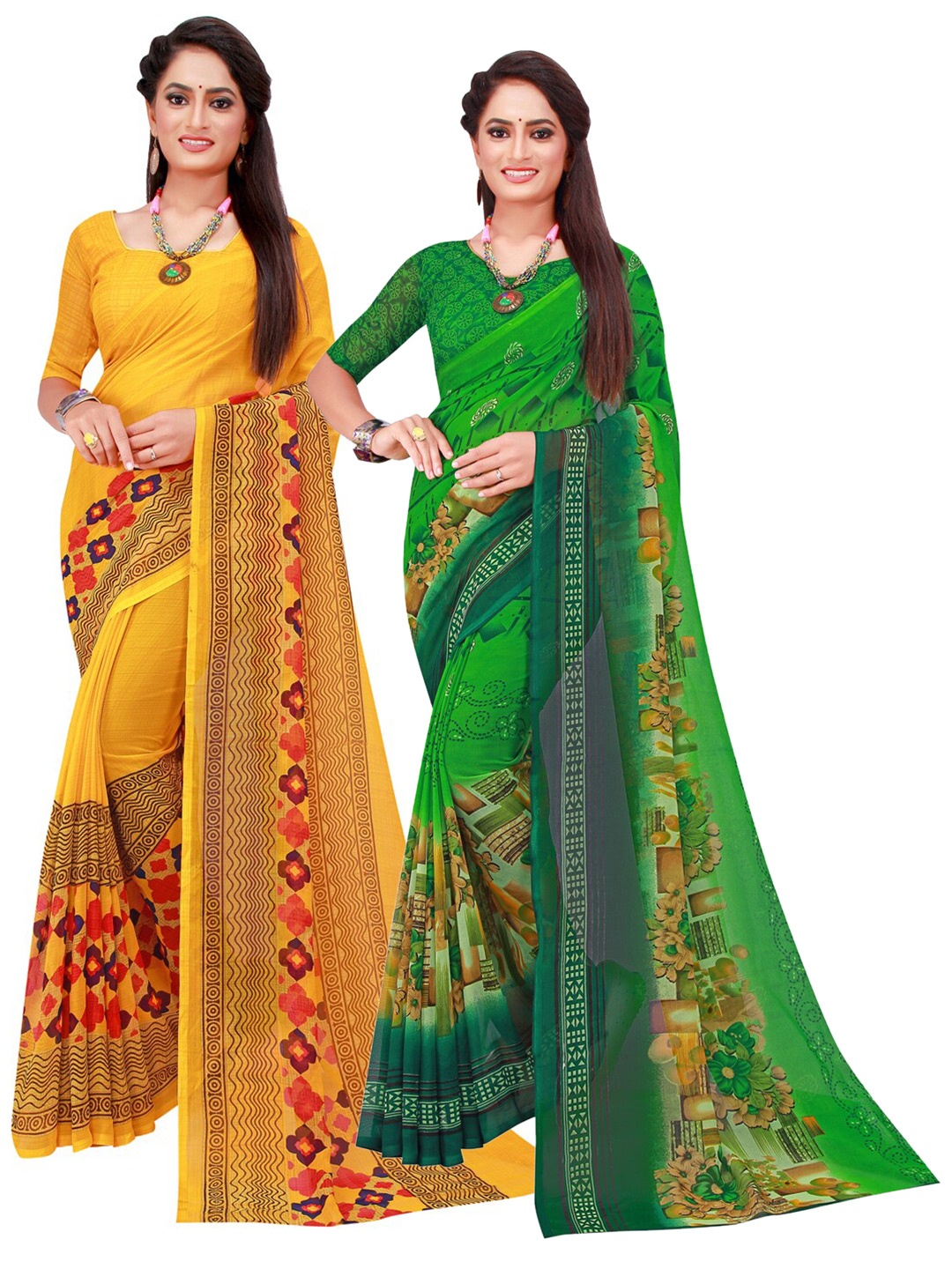 

SAADHVI Yellow & Green Set Of 2 Floral Pure Georgette Saree