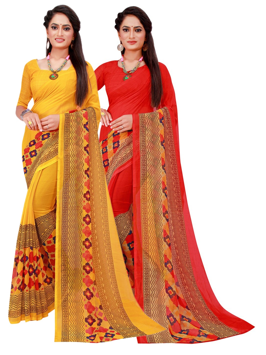 

SAADHVI Red & Yellow Set Of 2 Pure Georgette Saree