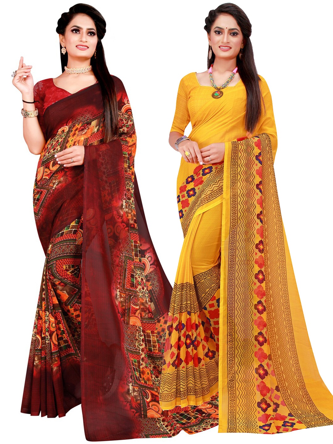 

SAADHVI Yellow & Brown Set Of 2 Pure Georgette Saree