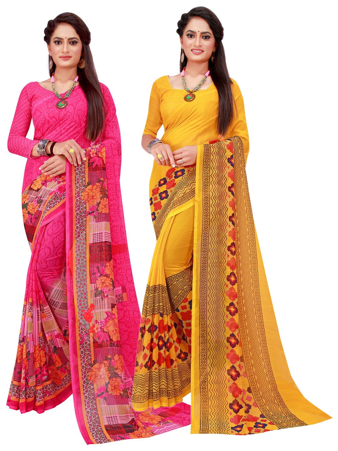 

SAADHVI Magenta & Yellow Set Of 2 Pure Georgette Saree