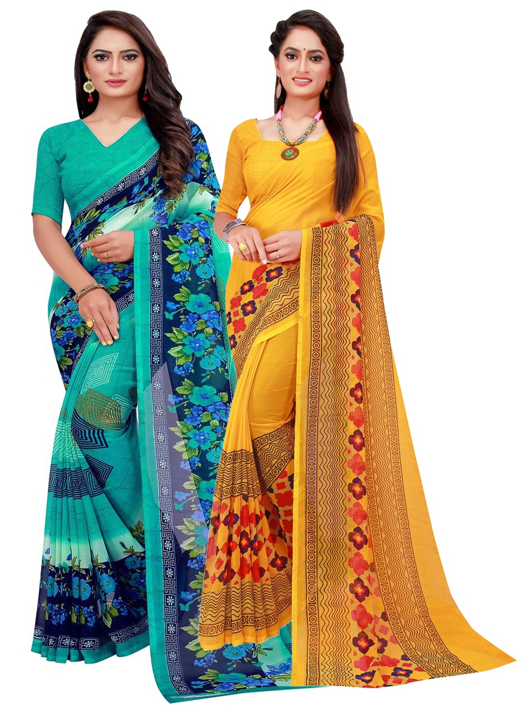 

SAADHVI Turquoise Blue & Yellow Set Of 2 Floral Pure Georgette Saree