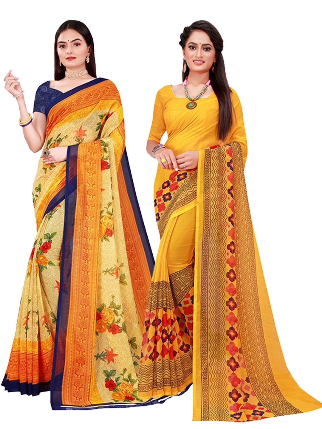 

SAADHVI Beige & Yellow Set Of 2 Floral Pure Georgette Saree