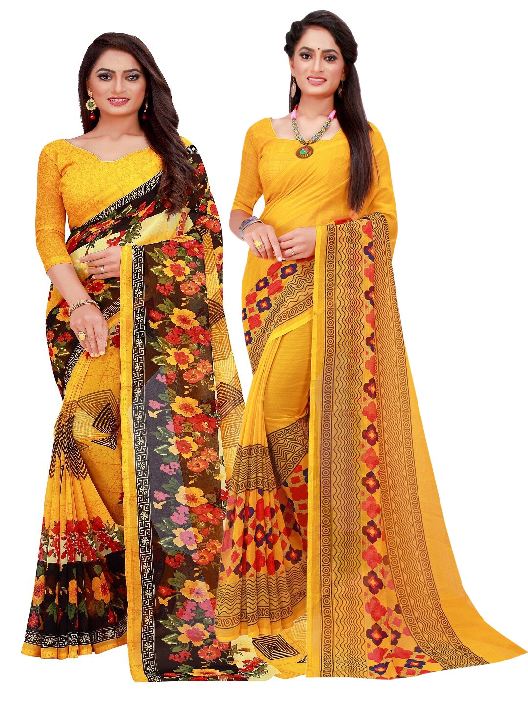 

SAADHVI Pack Of 2 Pure Georgette Sarees, Yellow