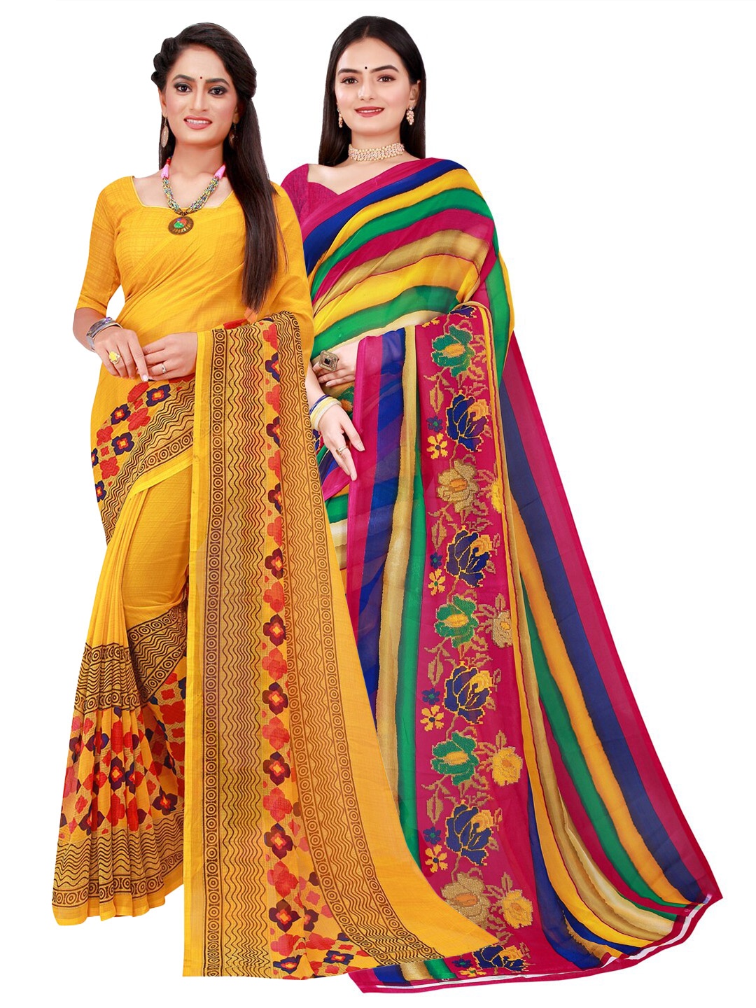 SAADHVI Magenta & Yellow Set Of 2 Floral Pure Georgette Saree