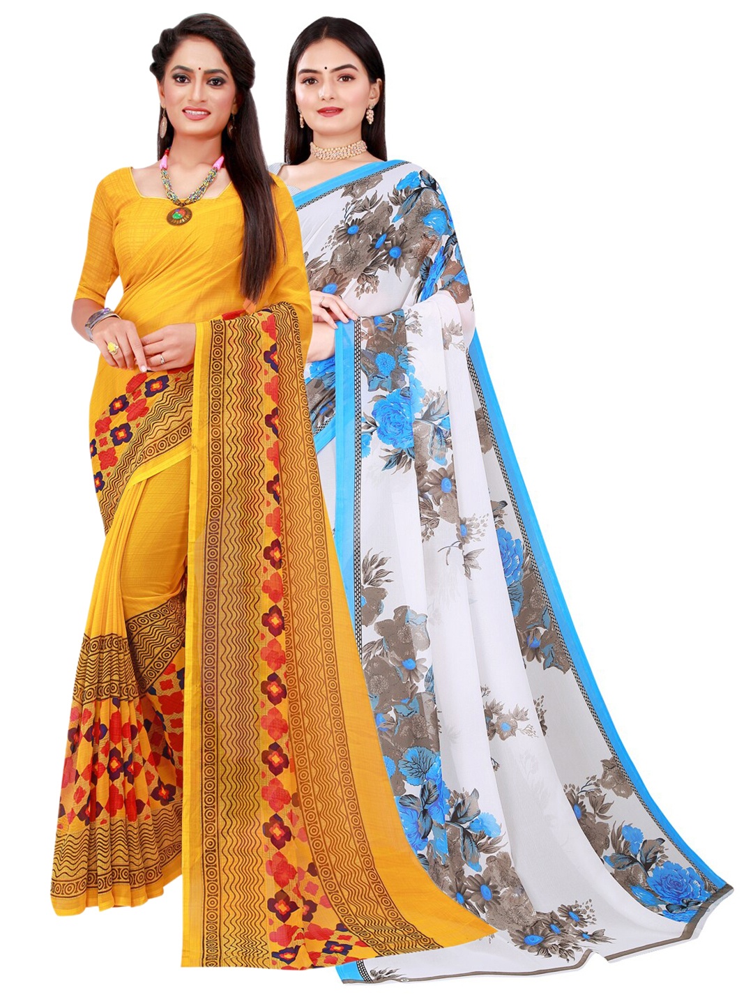 

SAADHVI Yellow & White Set Of 2 Floral Pure Georgette Saree