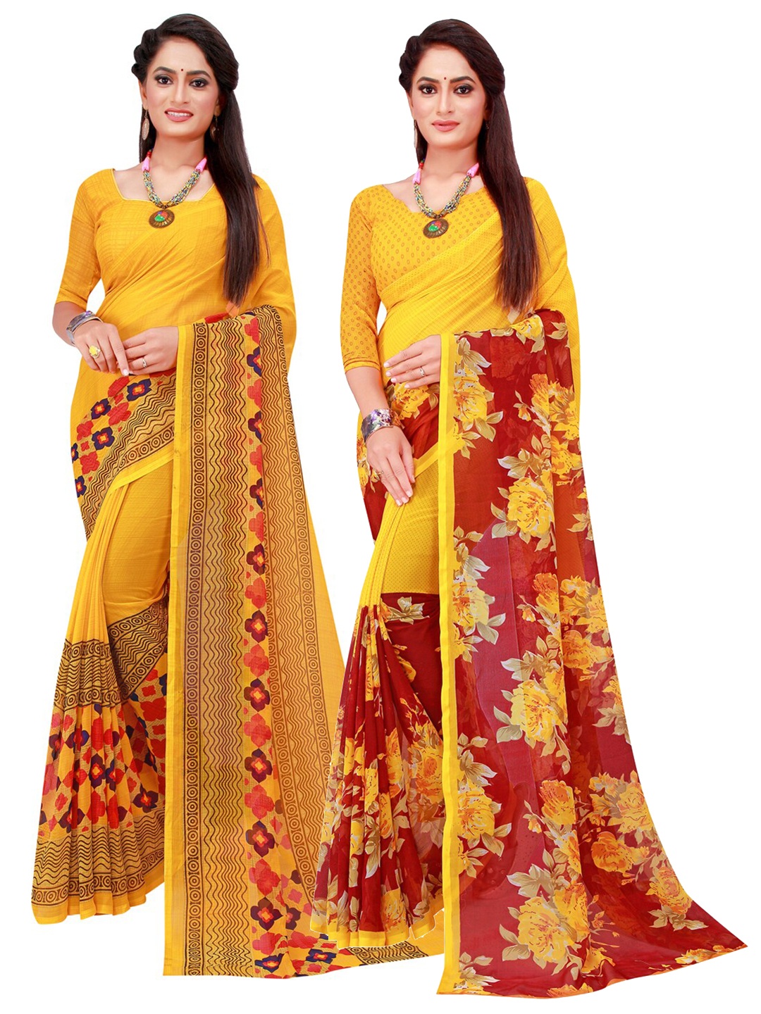 

SAADHVI Yellow & Maroon Set Of 2 Floral Pure Georgette Saree