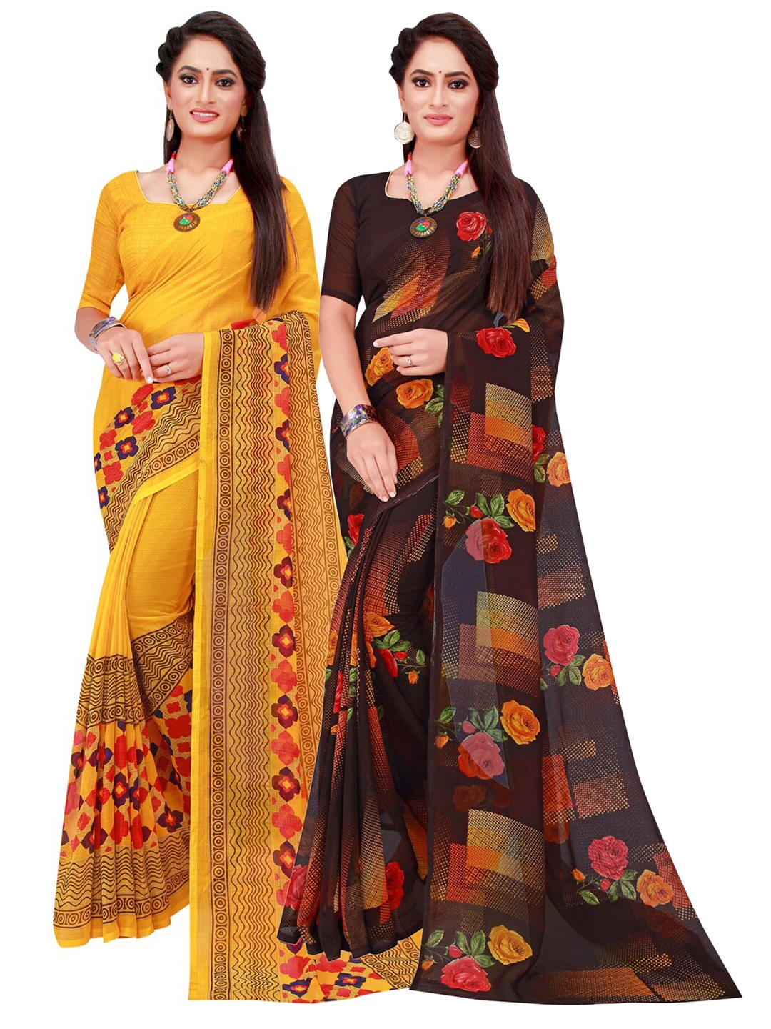 

SAADHVI Yellow & Black Set Of 2 Floral Pure Georgette Saree