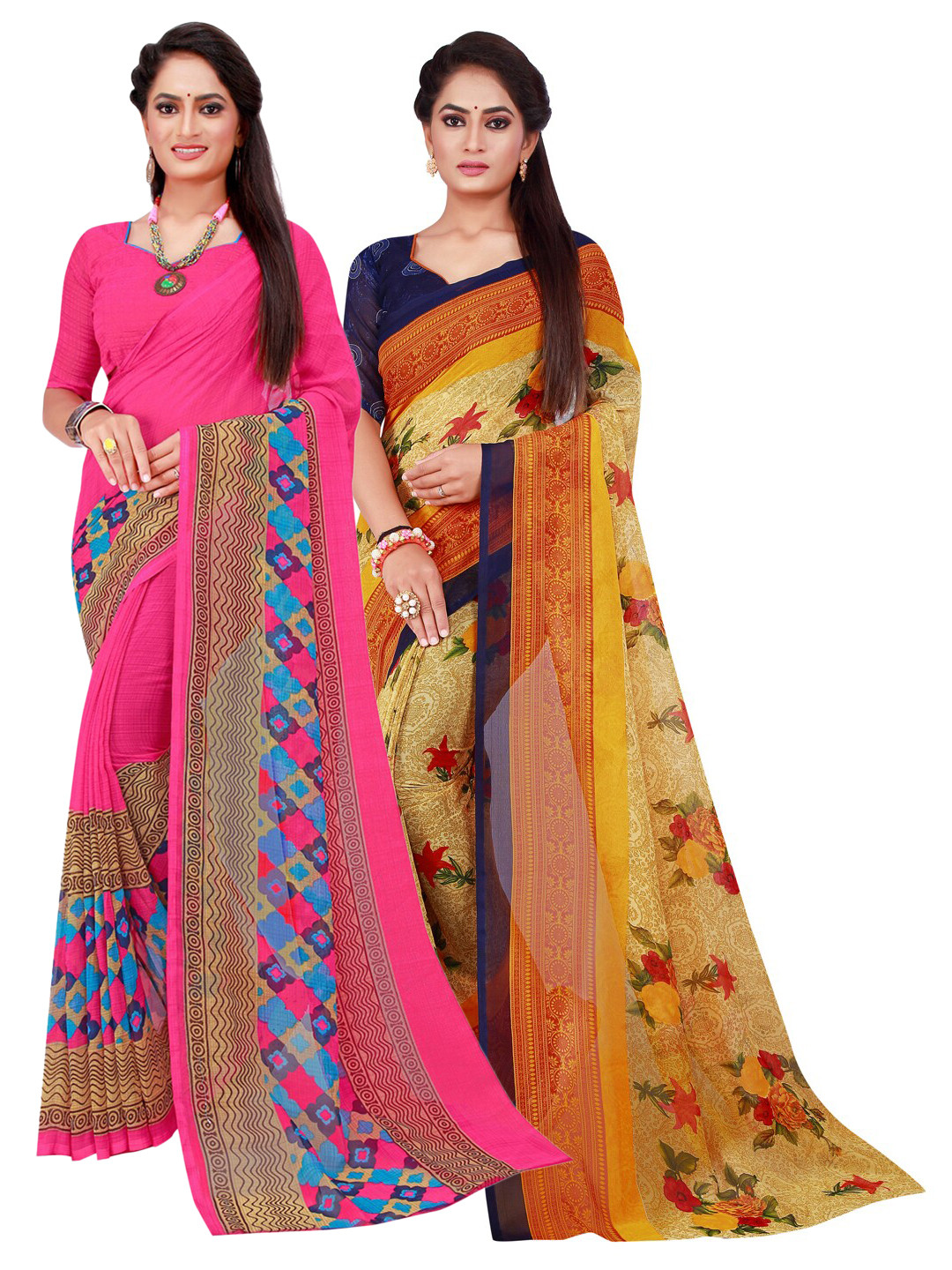 

SAADHVI Magenta & Beige Set Of 2 Pure Georgette Saree