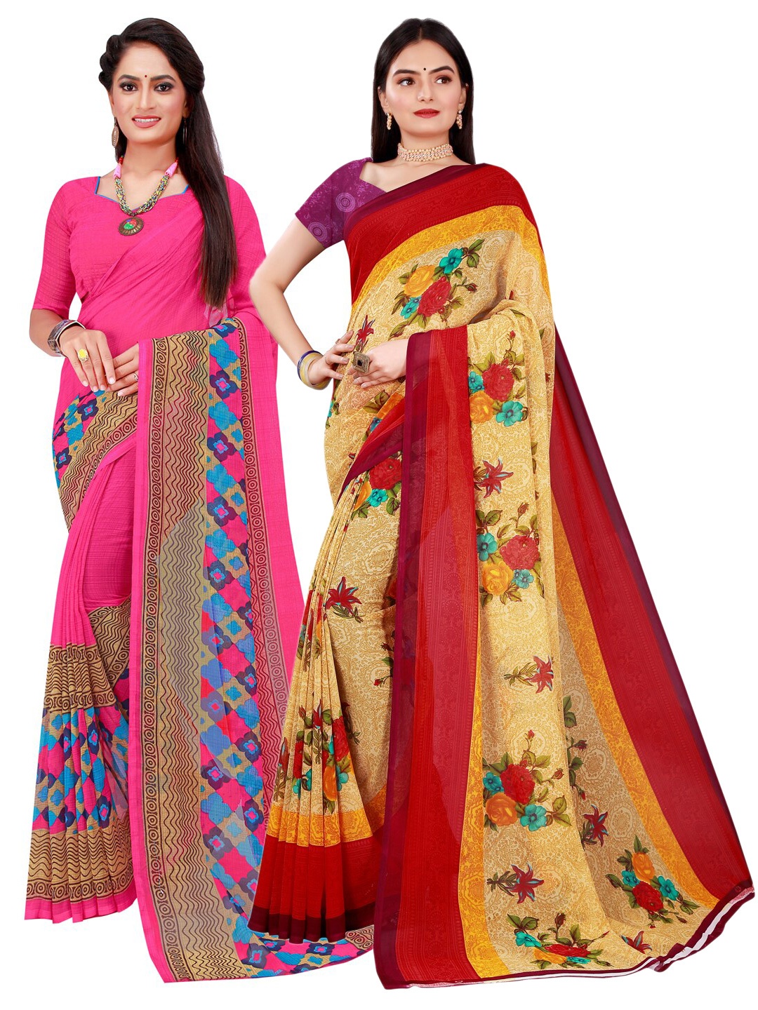 SAADHVI Pack Of 2 Pure Georgette Sarees, Beige