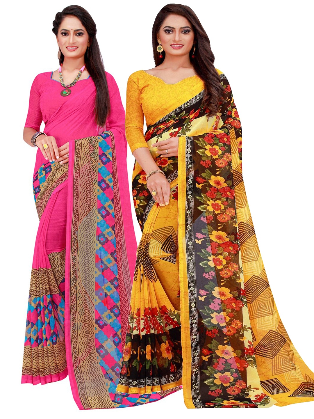 

SAADHVI Pack Of 2 Pure Georgette Sarees, Yellow