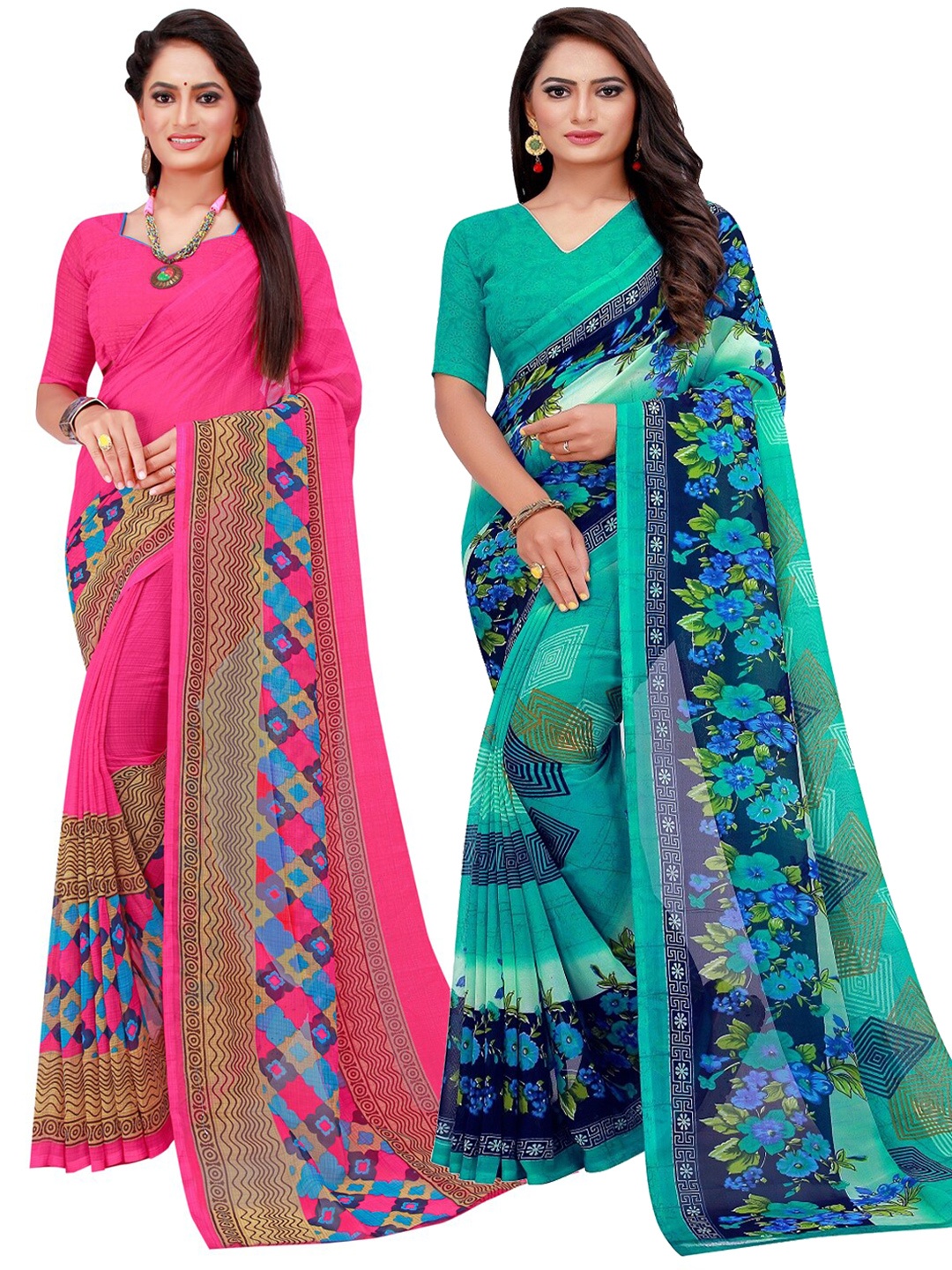 

SAADHVI Turquoise Blue & Magenta Set Of 2 Pure Georgette Saree