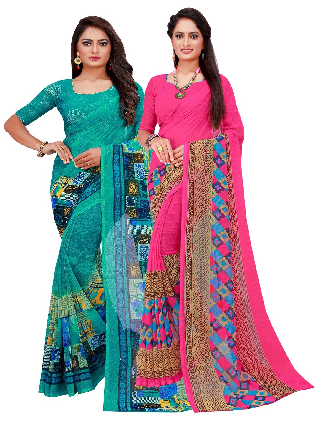 SAADHVI Pack Of 2 Pure Georgette Sarees, Turquoise blue