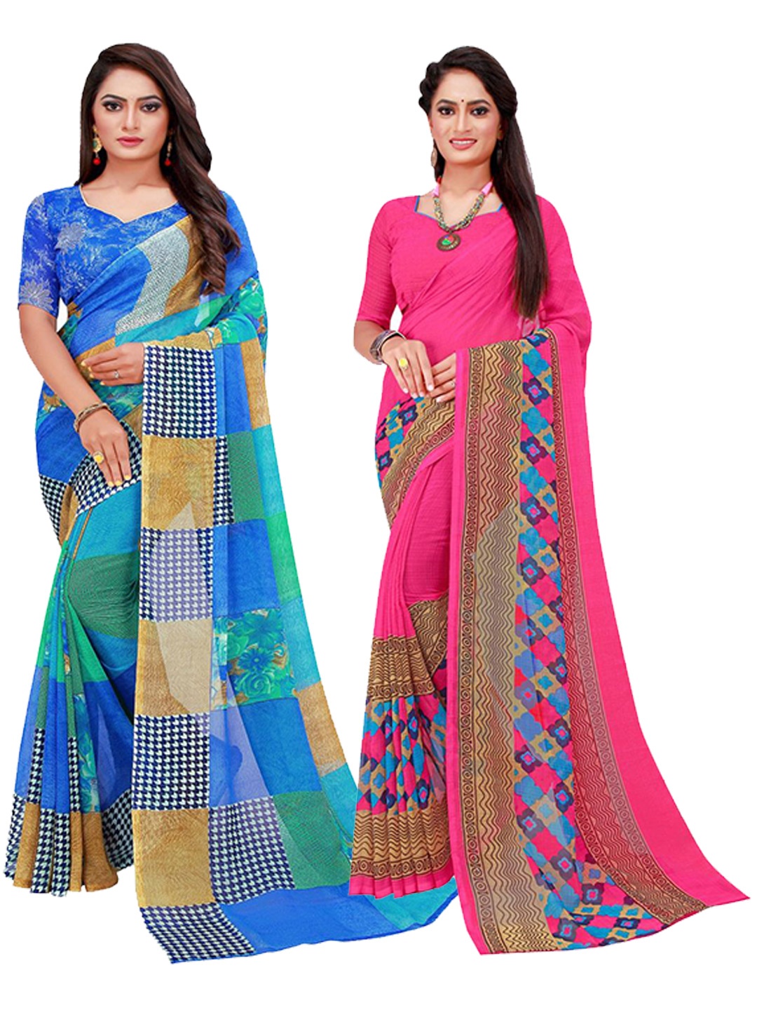 

SAADHVI Blue & Magenta Set Of 2 Pure Georgette Saree