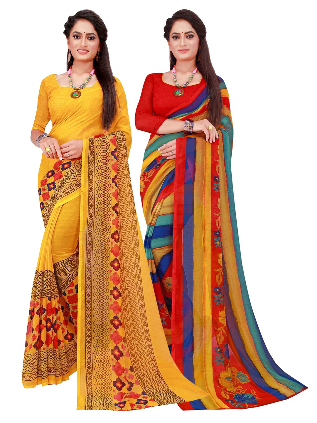 

SAADHVI Blue & Magenta Set Of 2 Floral Pure Georgette Saree