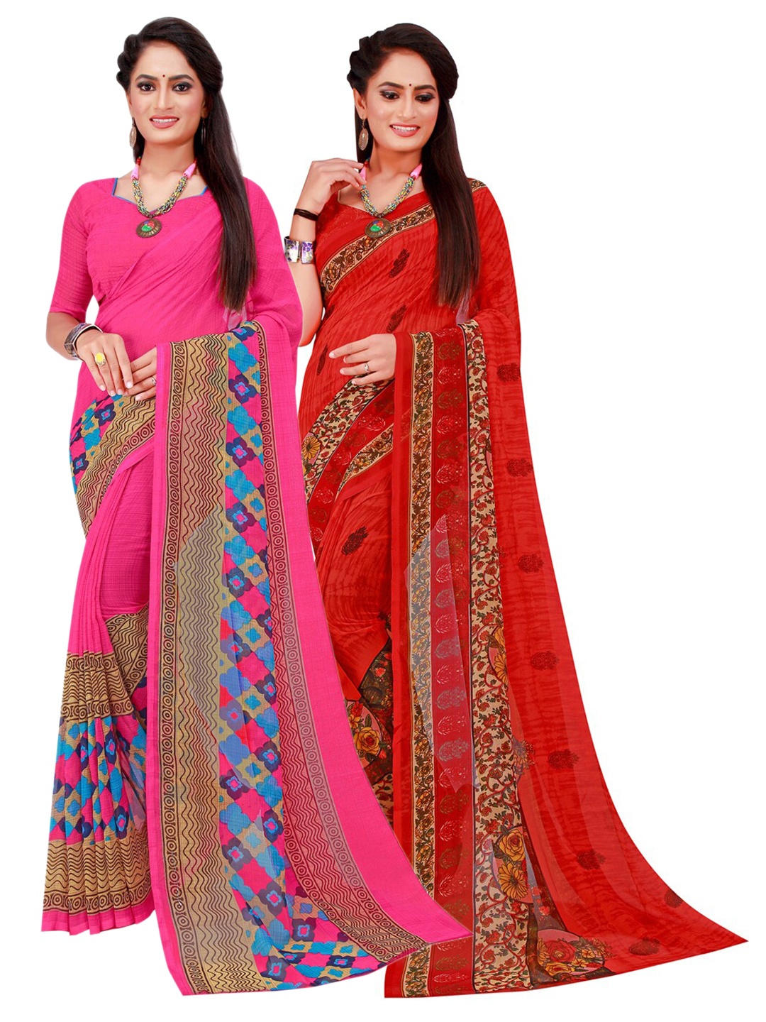 

SAADHVI Magenta & Red Set Of 2 Floral Pure Georgette Saree