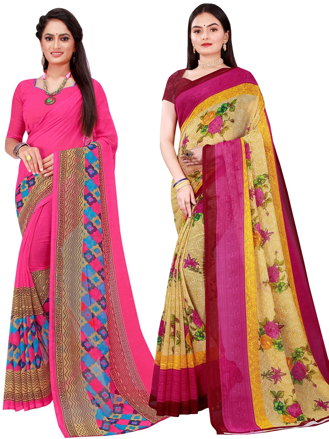 

SAADHVI Pack Of 2 Pure Georgette Sarees, Beige