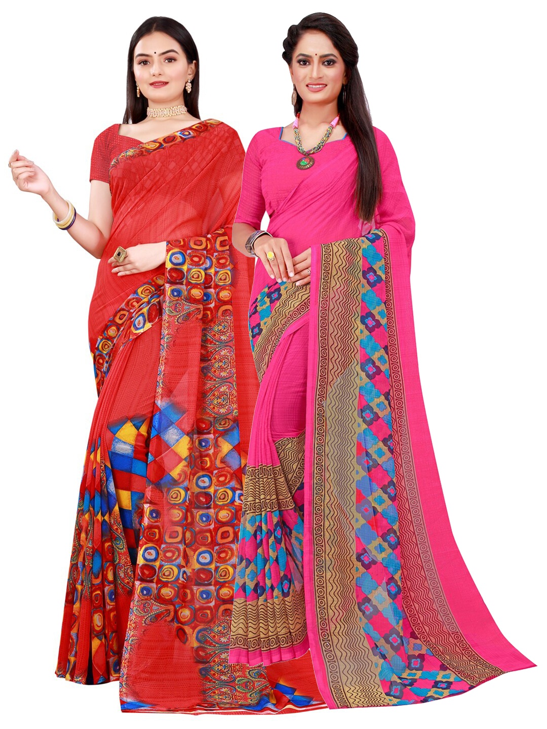 

SAADHVI Red & Magenta Set Of 2 Pure Georgette Saree