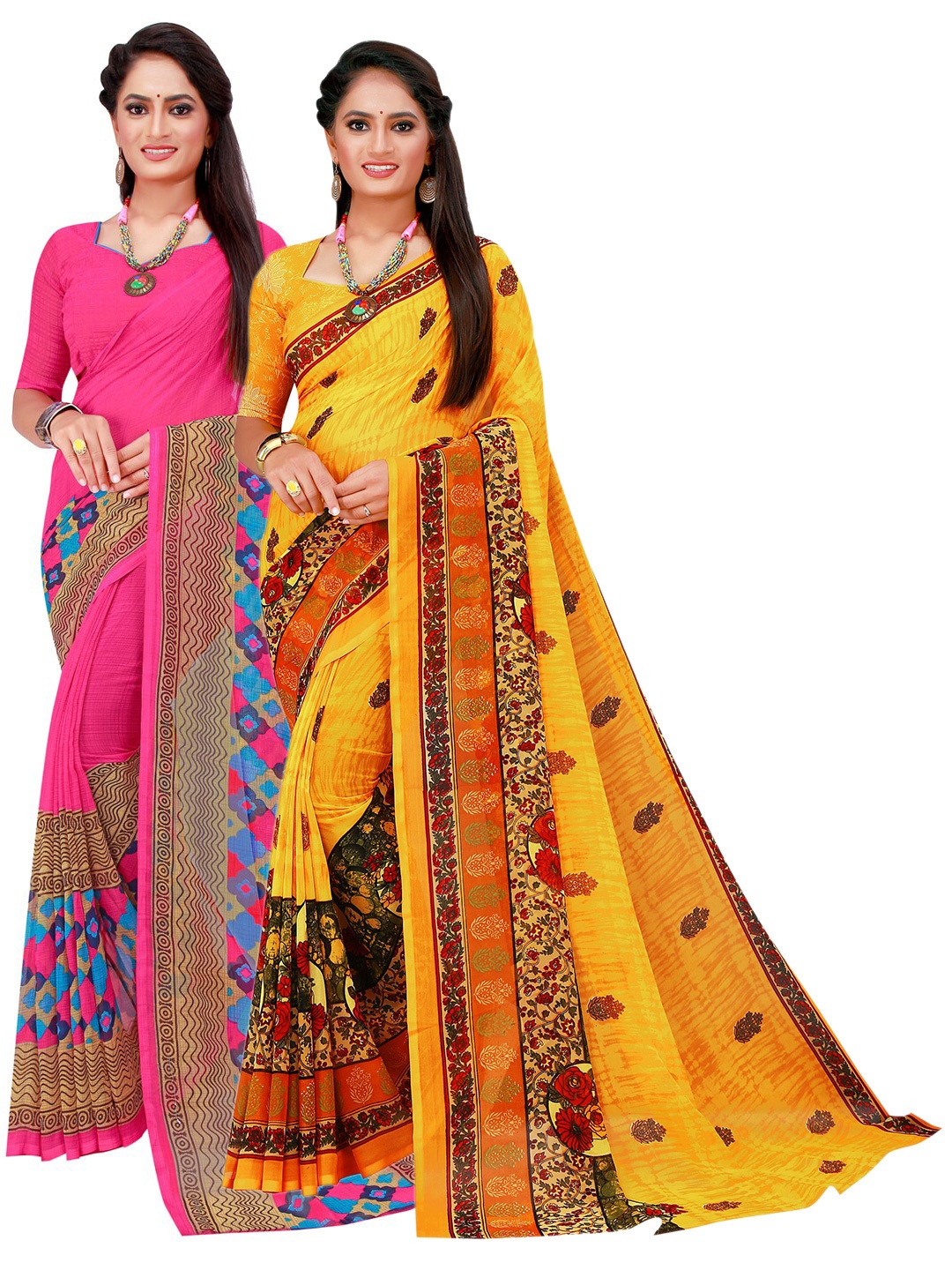 

SAADHVI Magenta & Yellow Set Of 2 Pure Georgette Saree