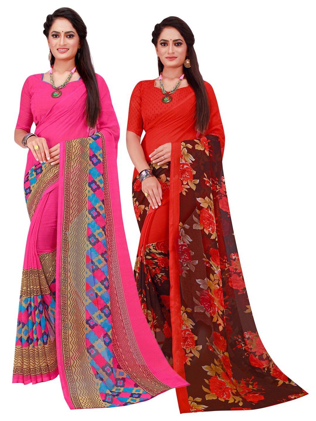 

SAADHVI Magenta & Red Set Of 2 Pure Georgette Saree