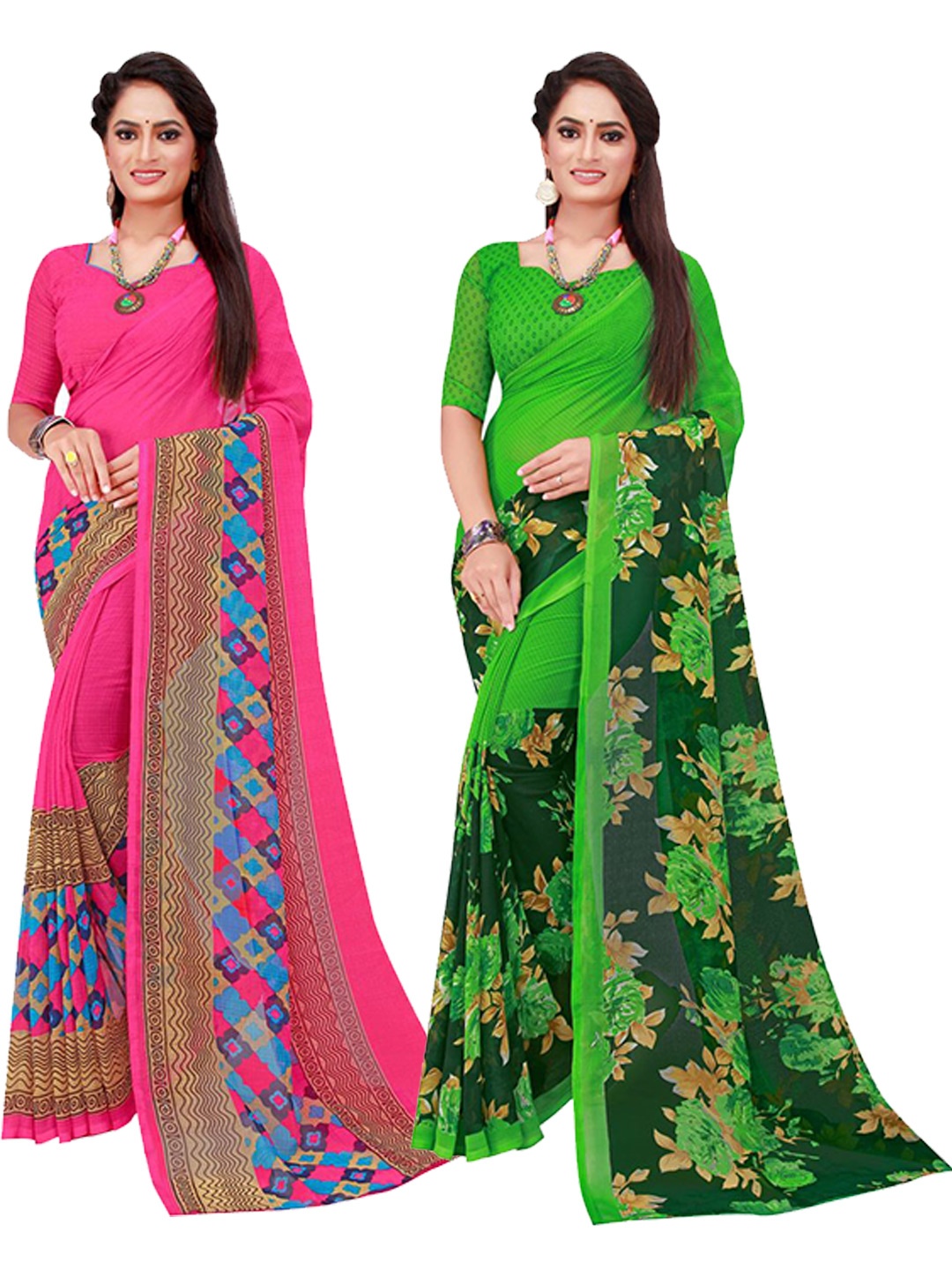 

SAADHVI Magenta & Green Set Of 2 Pure Georgette Saree