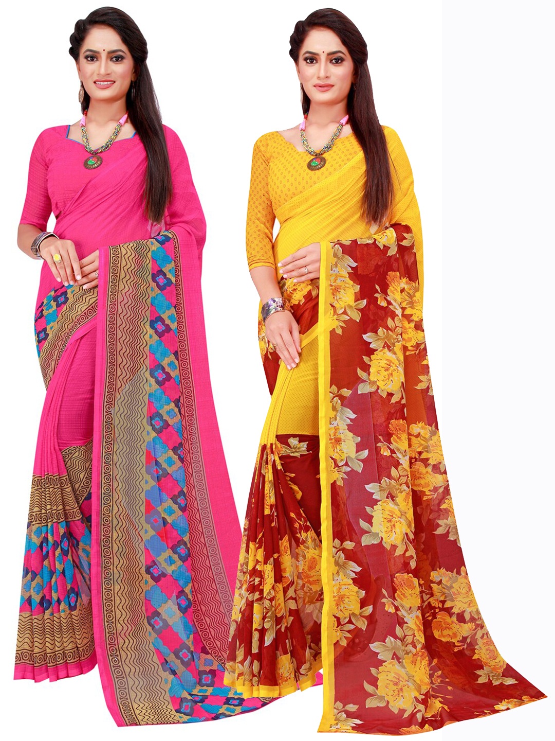 

SAADHVI Pack Of 2 Pure Georgette Sarees, Magenta