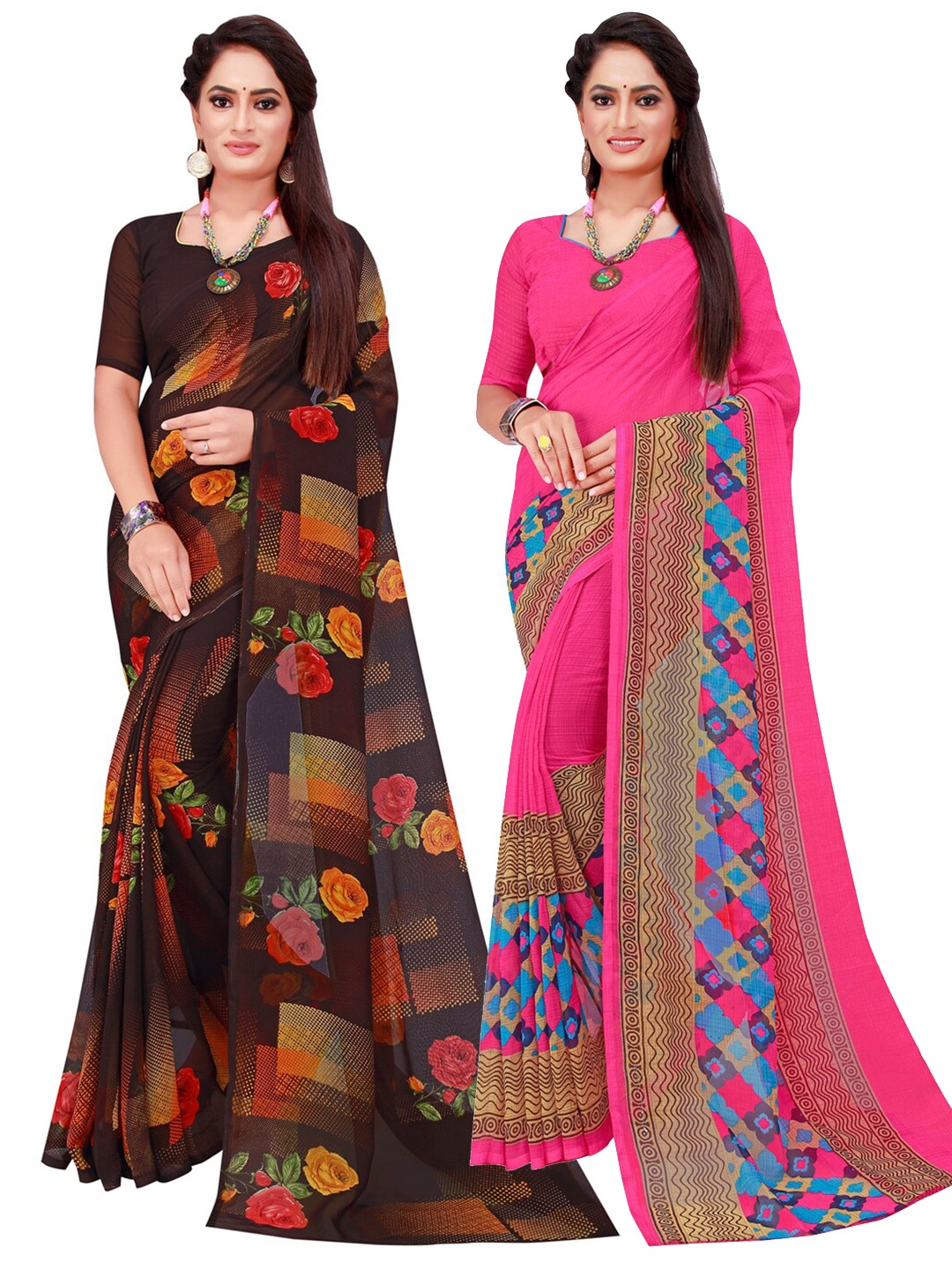 

SAADHVI Magenta & Black Set Of 2 Pure Georgette Saree