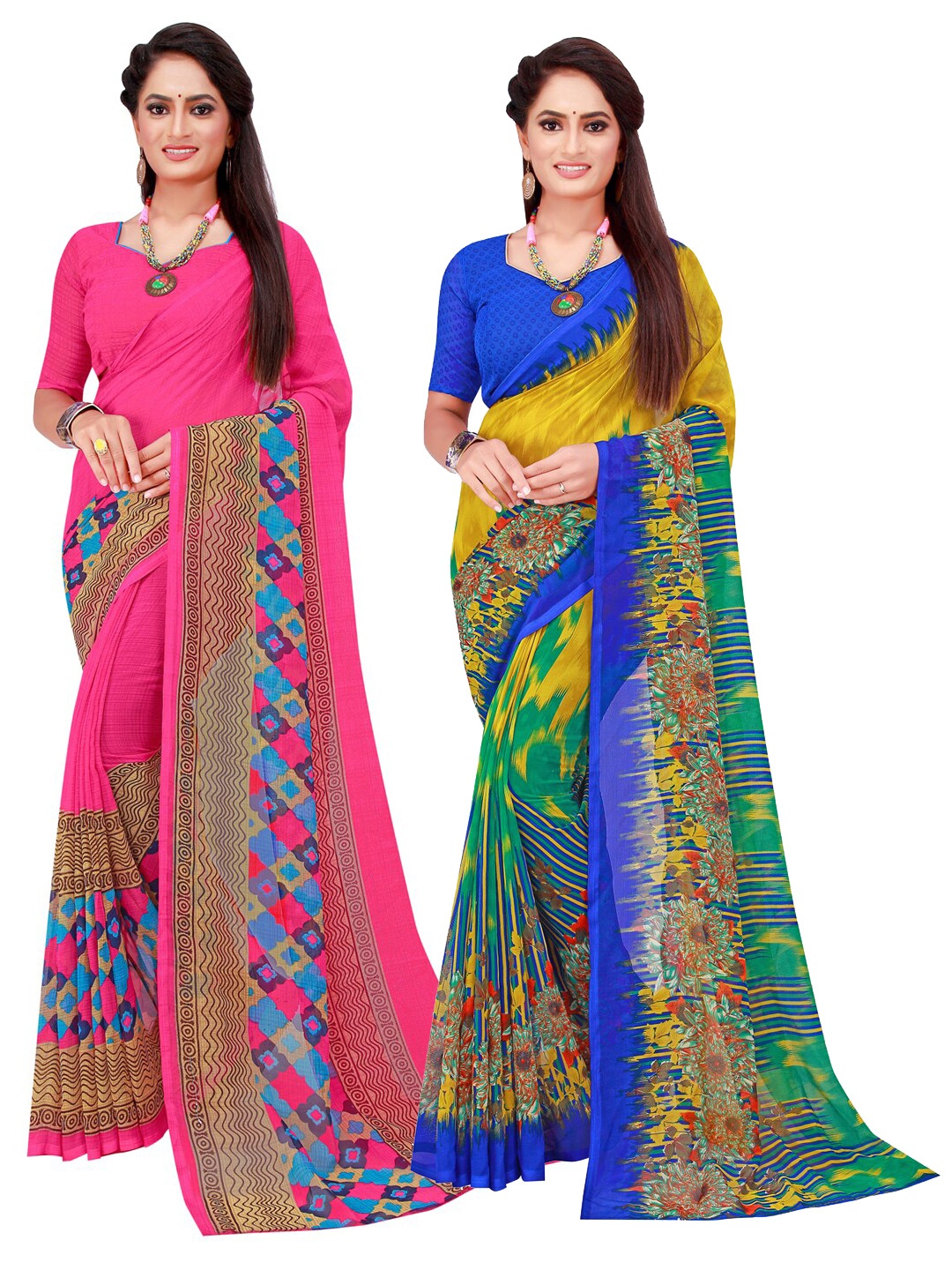 

SAADHVI Magenta & Blue Set Of 2 Pure Georgette Saree