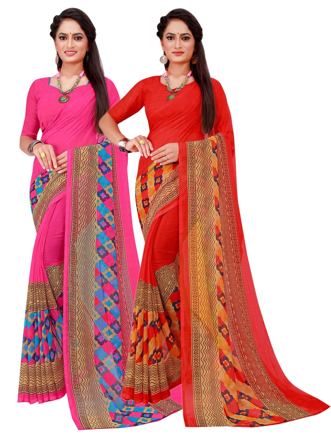 

SAADHVI Orange & Magenta Set Of 2 Pure Georgette Saree