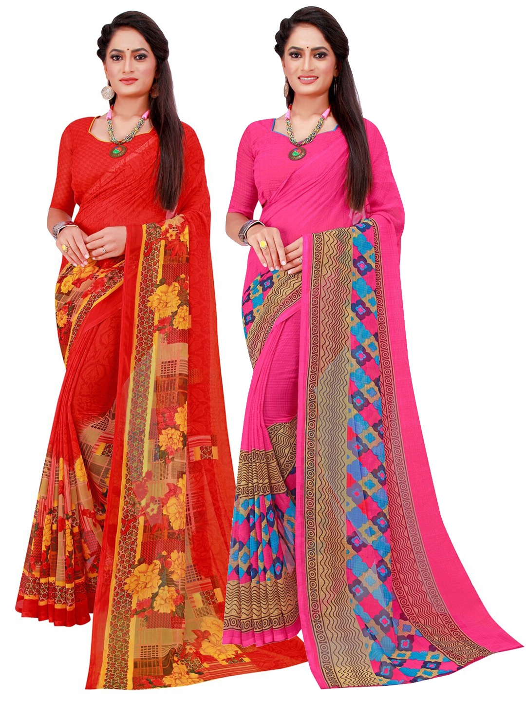 

SAADHVI Pack Of 2 Pure Georgette Sarees, Red