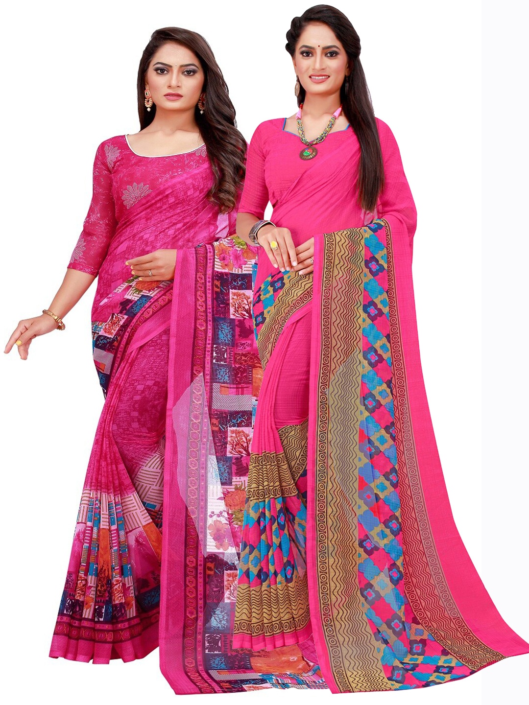 

SAADHVI Magenta & Blue Set Of 2 Pure Georgette Saree