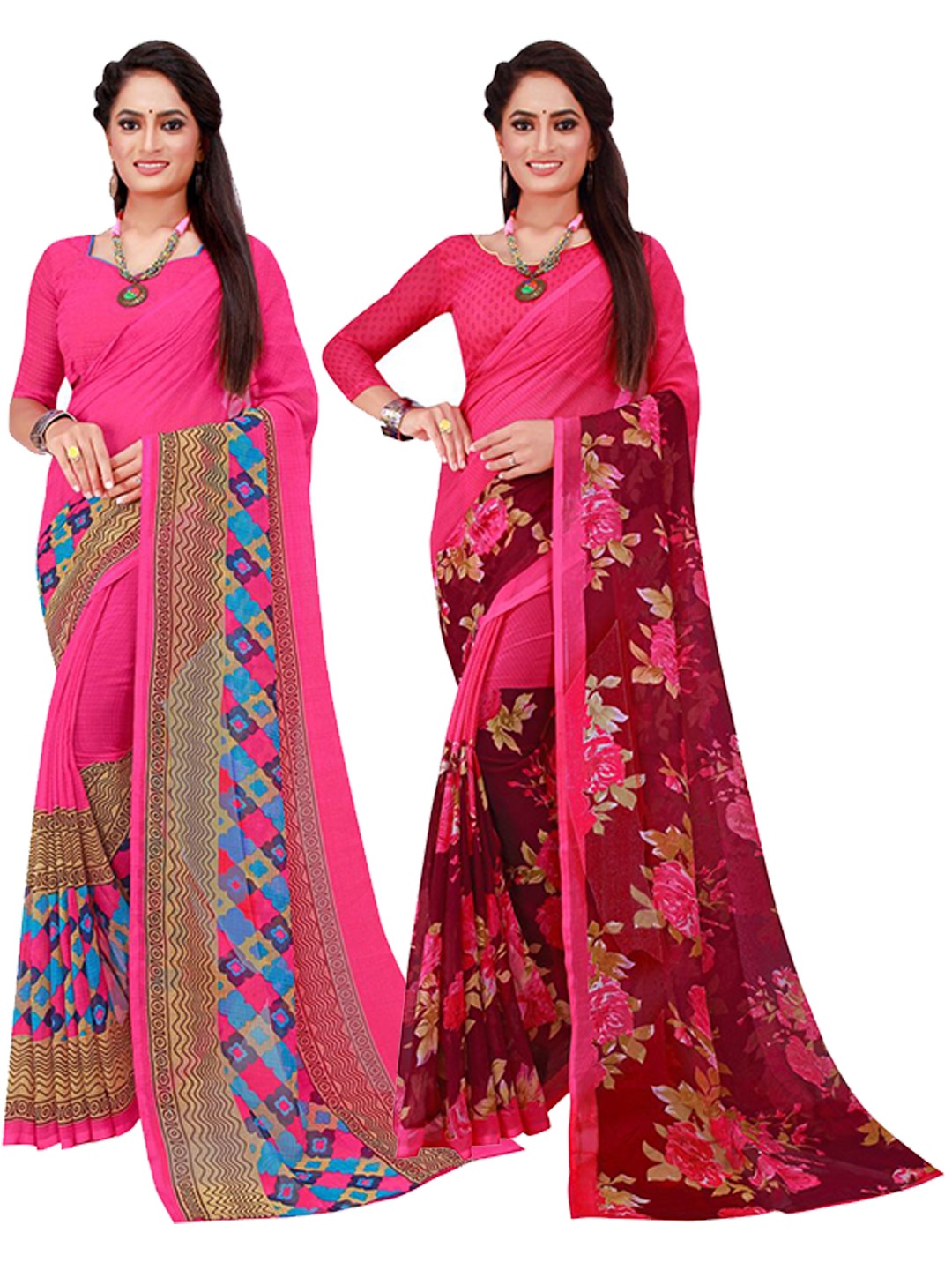 

SAADHVI Magenta & Blue Set Of 2 Pure Georgette Saree