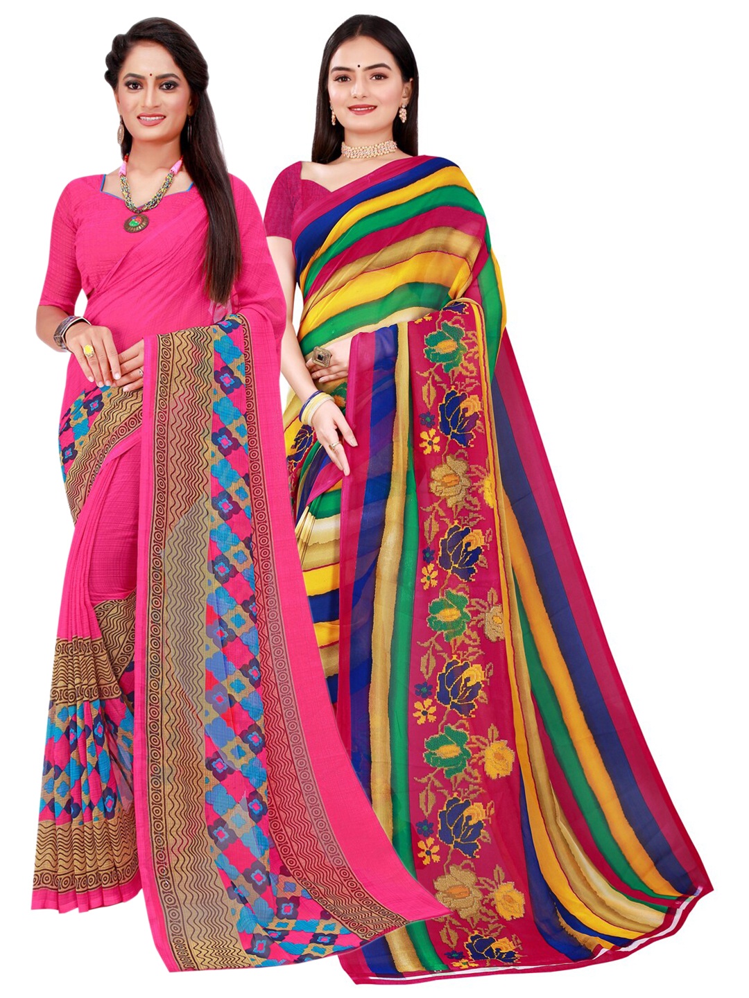 

SAADHVI Magenta & Yellow Set Of 2 Pure Georgette Saree
