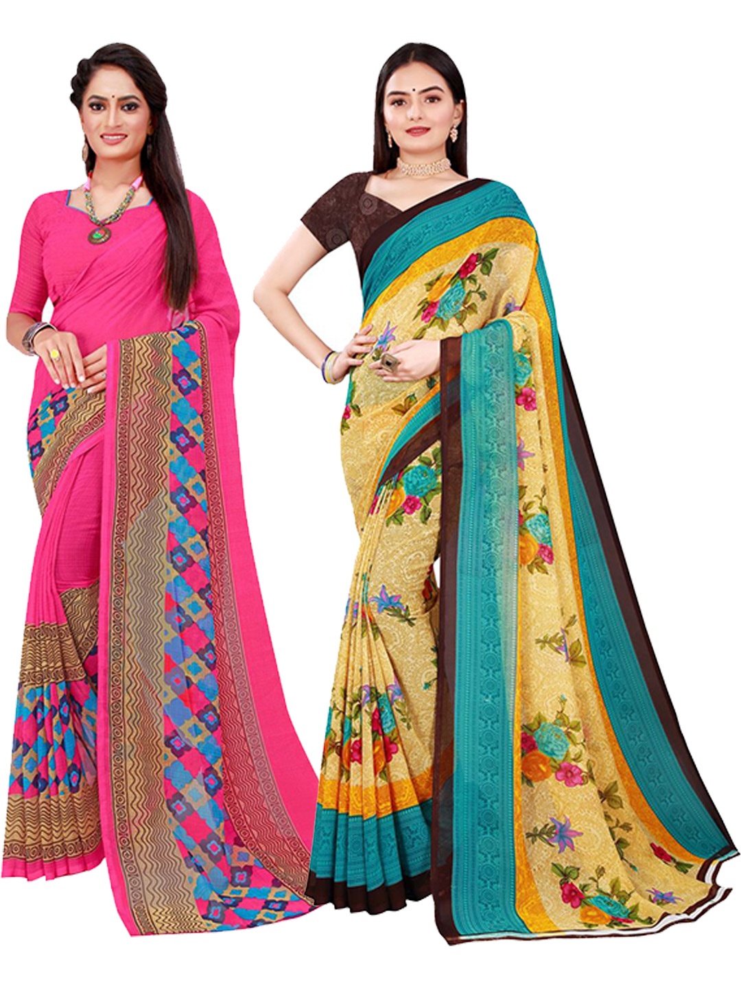 

SAADHVI Magenta & Beige Set Of 2 Floral Pure Georgette Saree