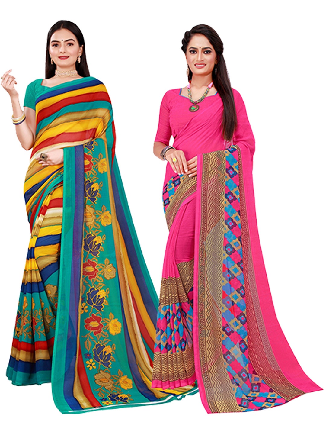 

SAADHVI Magenta & Blue Set Of 2 Pure Georgette Saree