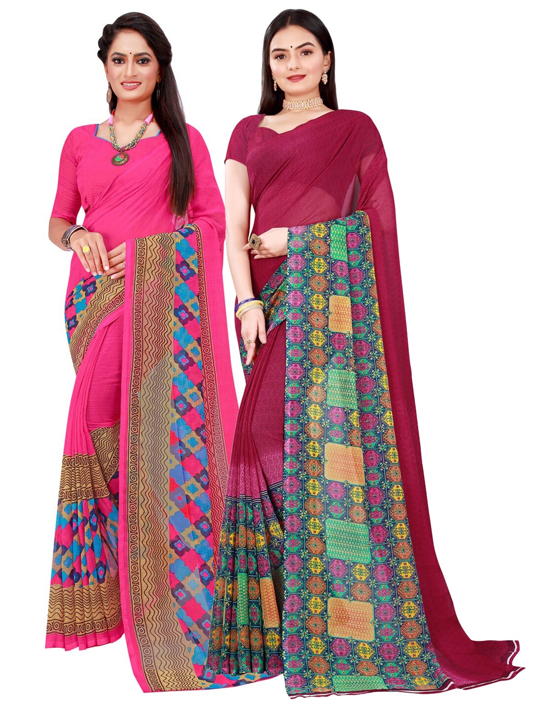 

SAADHVI Magenta & Maroon Set Of 2 Floral Pure Georgette Saree