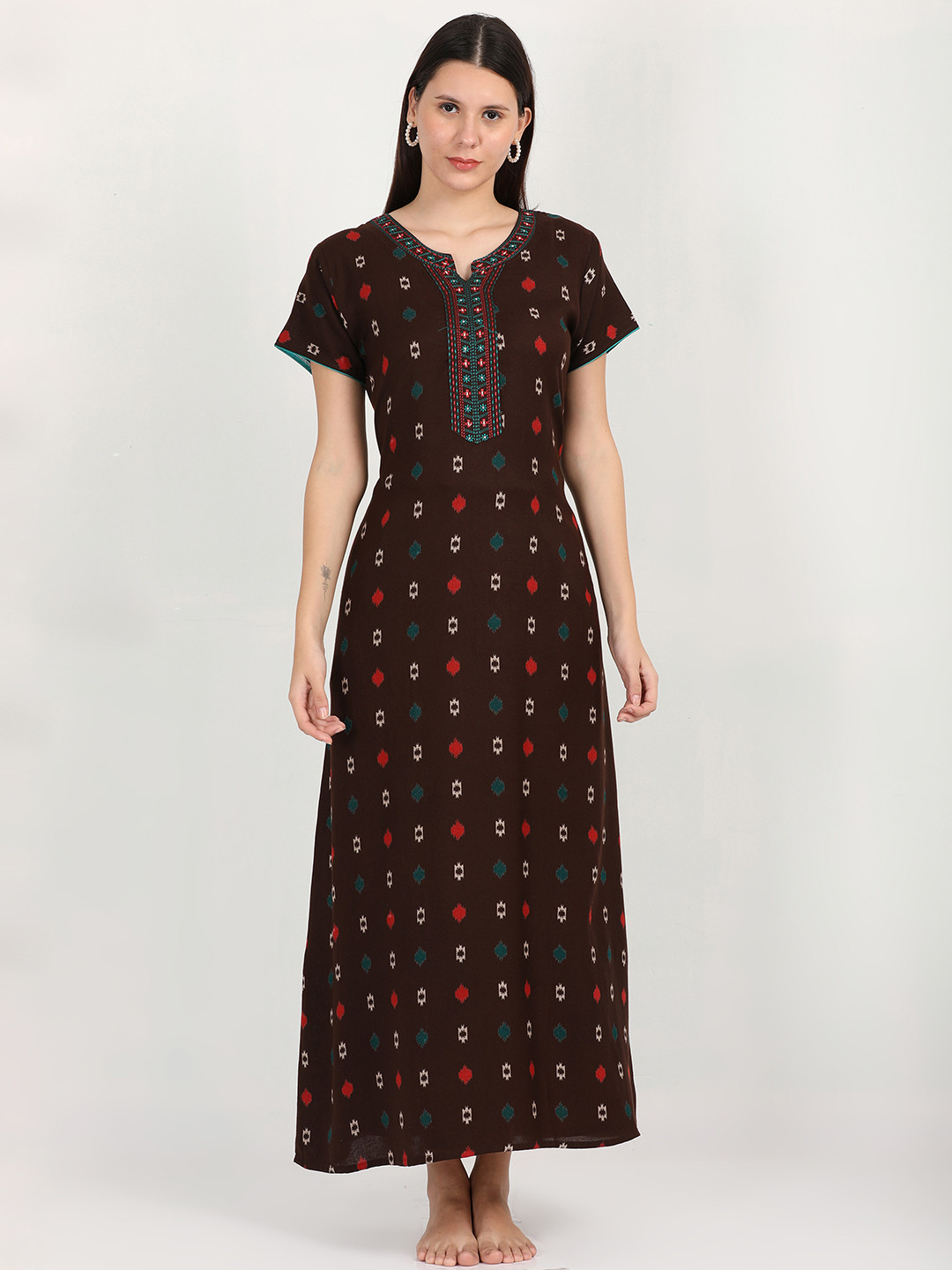 

9shines Label Red & Mustard Printed Maxi Nightdress
