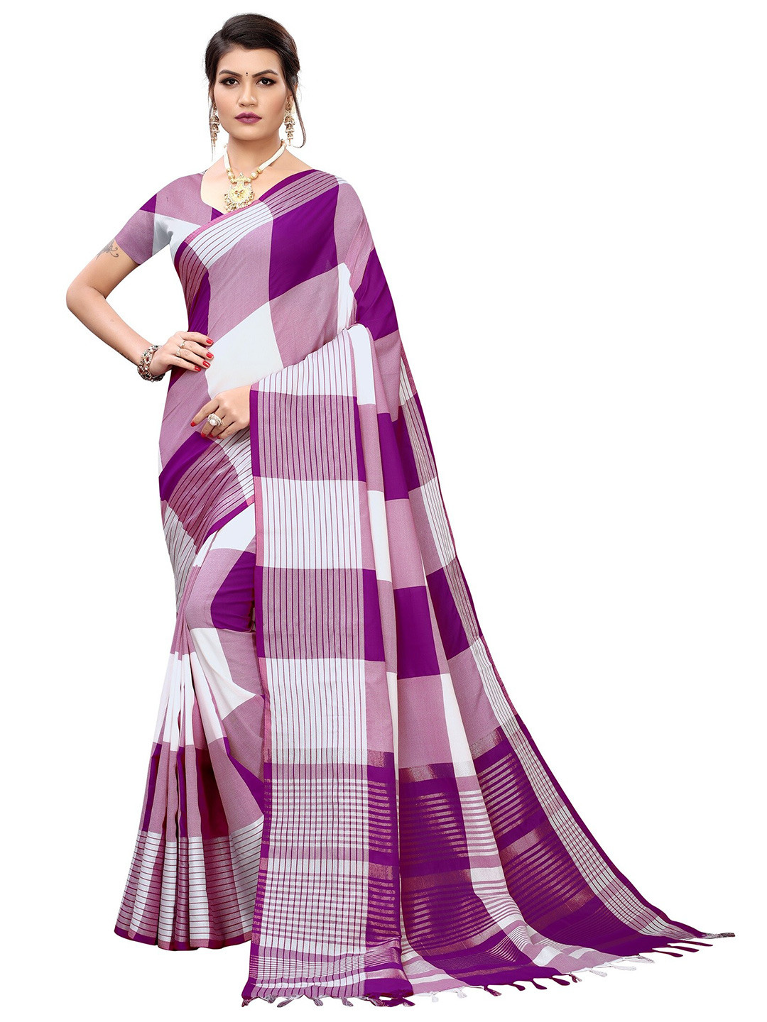 

Yashika Purple & White Checked Zari Silk Cotton Ilkal Saree