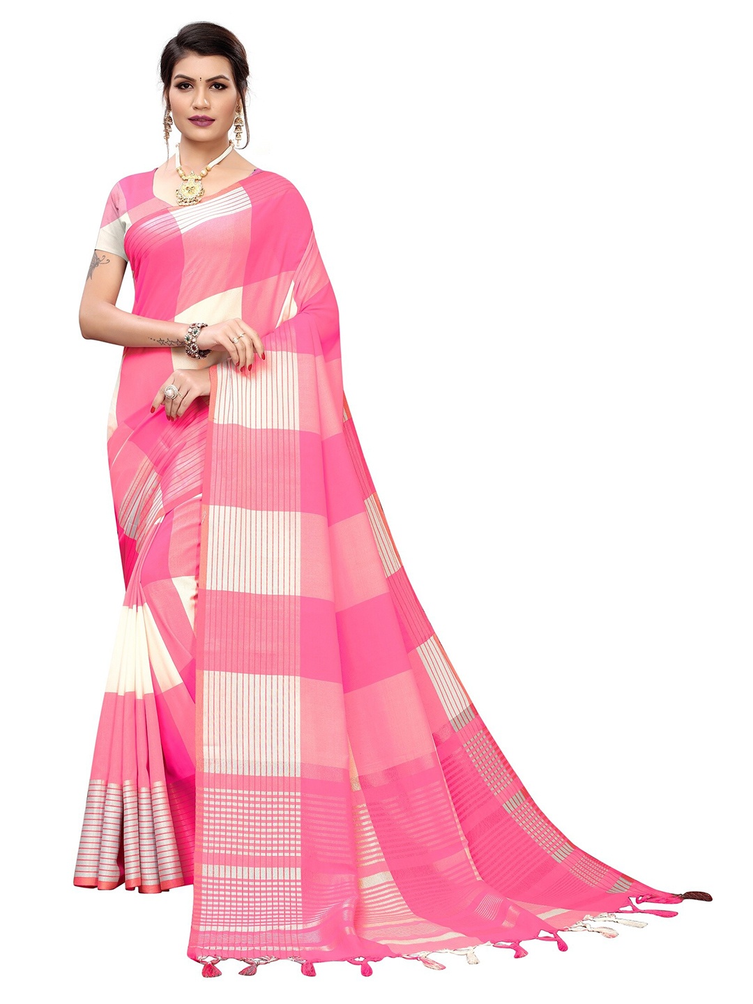 

Yashika Pink & White Checked Zari Silk Cotton Ilkal Saree
