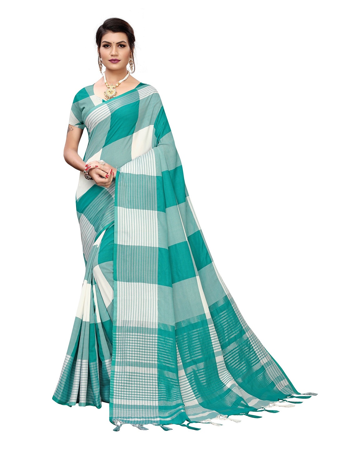 

Yashika White & Teal Green Checked Zari Silk Cotton Ilkal Saree