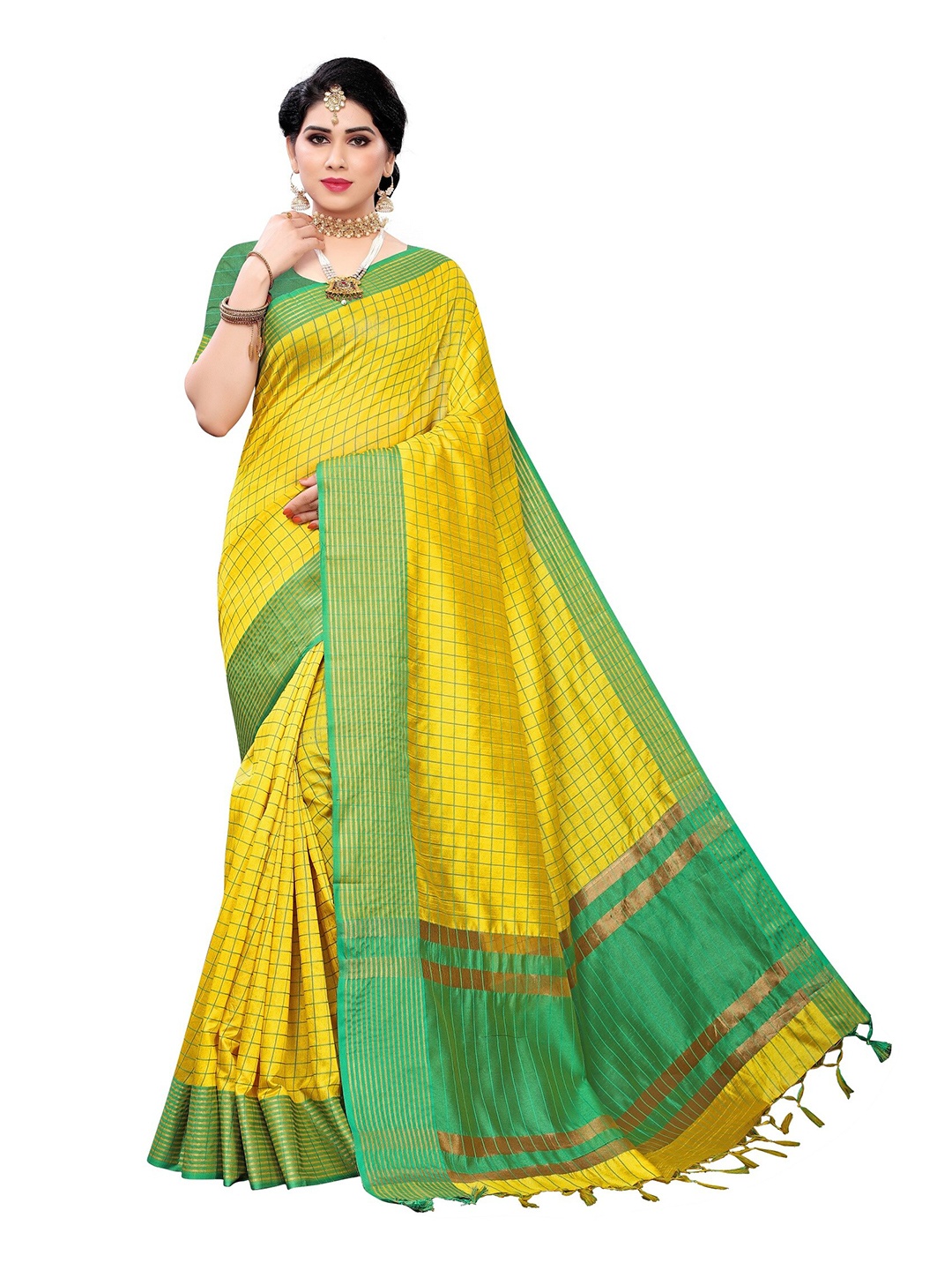 

Yashika Yellow & Green Checked Zari Silk Cotton Ilkal Saree