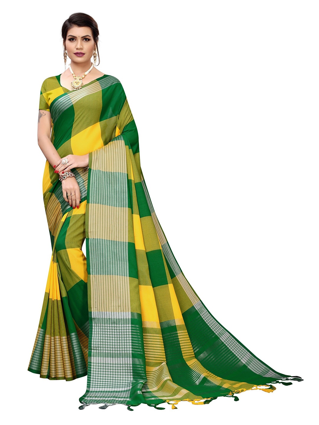 

Yashika Yellow & Green Checked Zari Silk Cotton Ilkal Saree